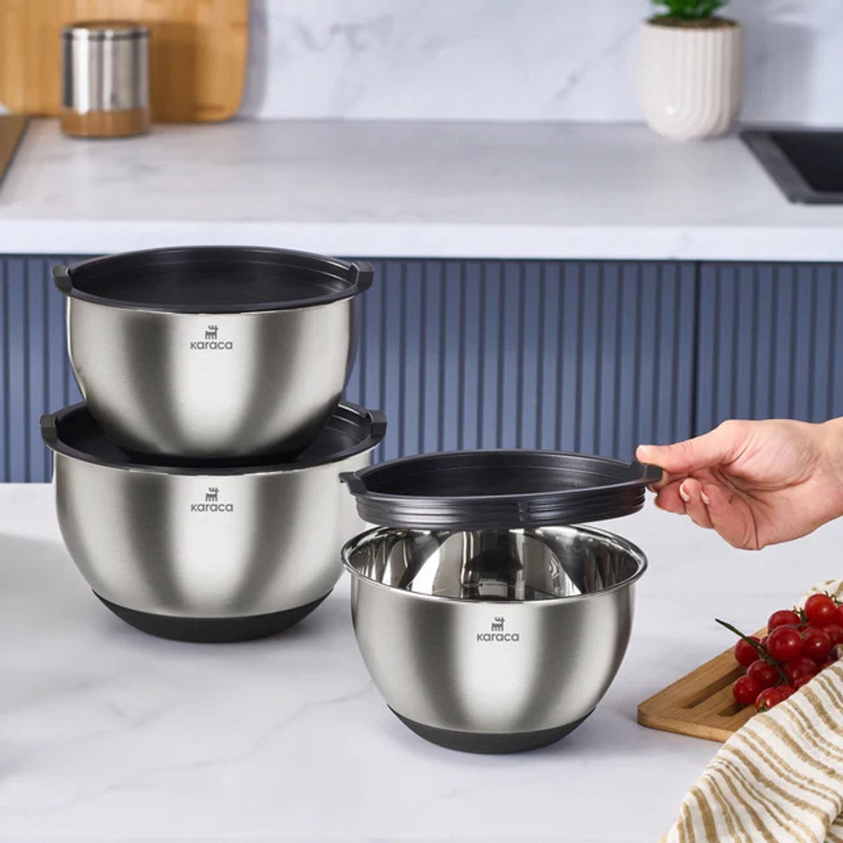 Karaca Blendbox 3-Delige Meng- & Bewaarset – 1,5L, 2L & 3L – 304 RVS – Met Deksel – Vaatwasserbestendig