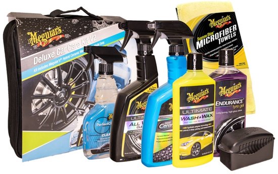 Meguiar's Deluxe Car Care Kit V2 - Auto schoonmaak set - Autoshampoo - Spraywax - Bandengel - Velgenreiniger - Glasreiniger /Ruitenreiniger - Microvezeldoek