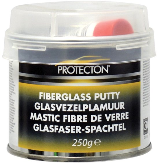 Protecton glasvezelplamuur 250g in pot met doorzichtige deksel en rode dop.