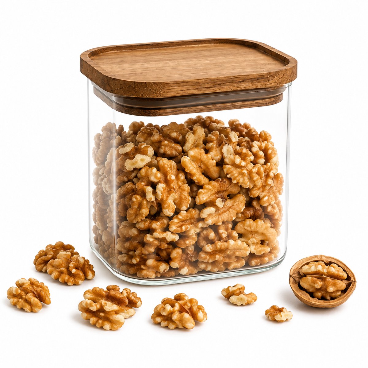 Glazen Voorraadpot 600 ml – Rechthoekige Bewaarpot met Houten Deksel – Voorraadbus voor Suiker, Koffie, Thee, Noten en Snoep – Transparant/Bruin