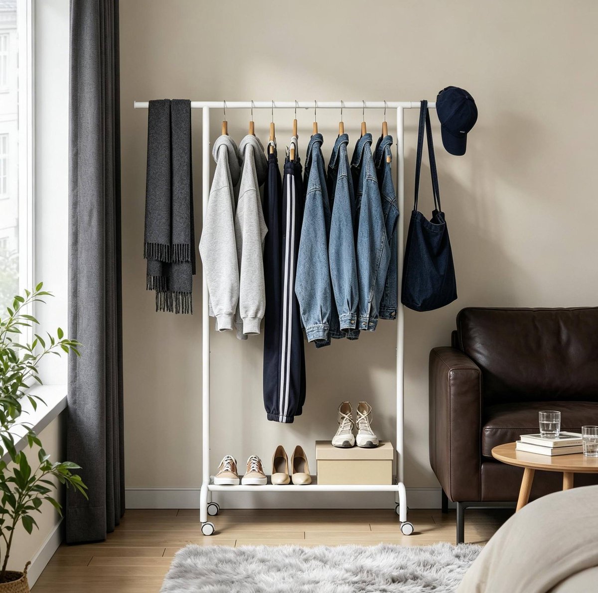 Kledingrek Verrijdbaar Verstelbaar 84 Tot 124 Cm Metaal Wit Met Opbergplank Voor Slaapkamer Hal En Kleedkamer