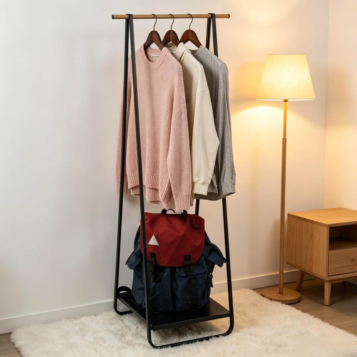 Kledingrek Met Plank – 141 Cm Hoog – Metaal En Hout – Zwart – Voor Slaapkamer, Hal En Kantoor – 30 Kg Draagvermogen