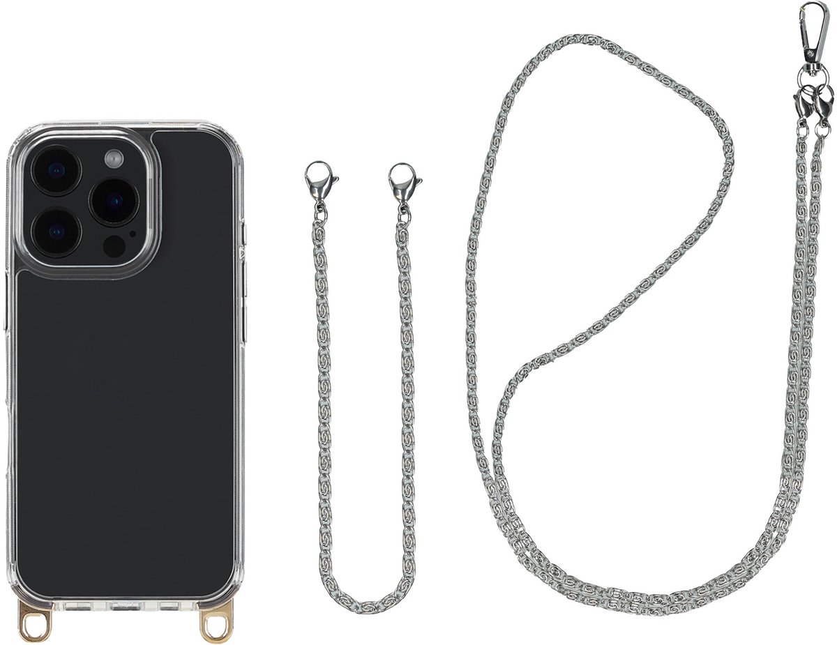 Selencia Transparant Hoesje met Haakjes inclusief Telefoonketting - Geschikt voor Apple iPhone 16 Pro Max - Zilver