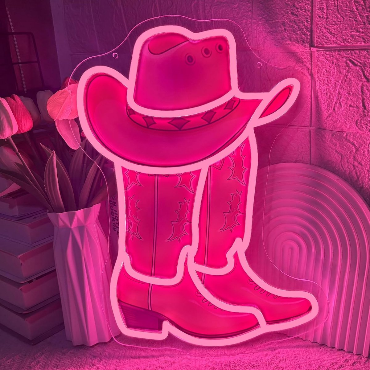 SnelShoppen - Cowboy Boot Neon Light Sign - Dimbare LED Neonverlichting - USB Aangedreven - Perfect voor Feest, Bar, Speelkamer, Slaapkamer - Roze Cow