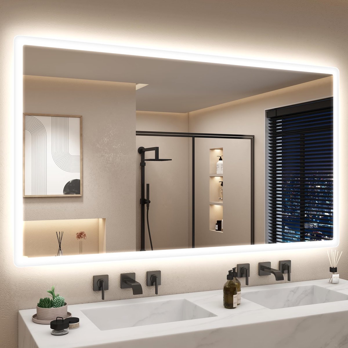 SnelShoppen - STARLEAD Badkamerspiegel 140x80cm met Verlichting, Dimbaar, Bluetooth, 3 Lichtkleuren, Ontmisting, IP44 Hardglas, Horizontaal/Verticaal