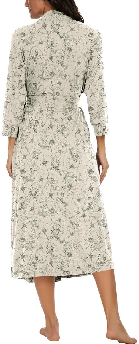 SnelShoppen - Badjas Dames Lichte 3/4 Mouwen V-hals Kimono Ochtendjas Lange Nachtkleding Wintergroene Abrikoos M