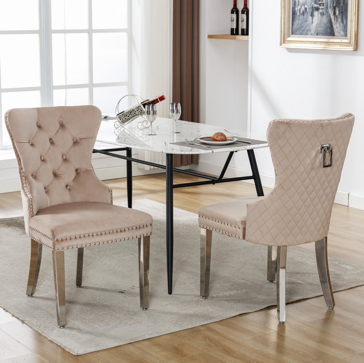 MEUNIQ eetkamerstoel set van 2, beige velvet, met armleuning, gecapitonneerde rugleuning, metalen poten en draagvermogen tot 150 kg voor eetkamer en woonkamer