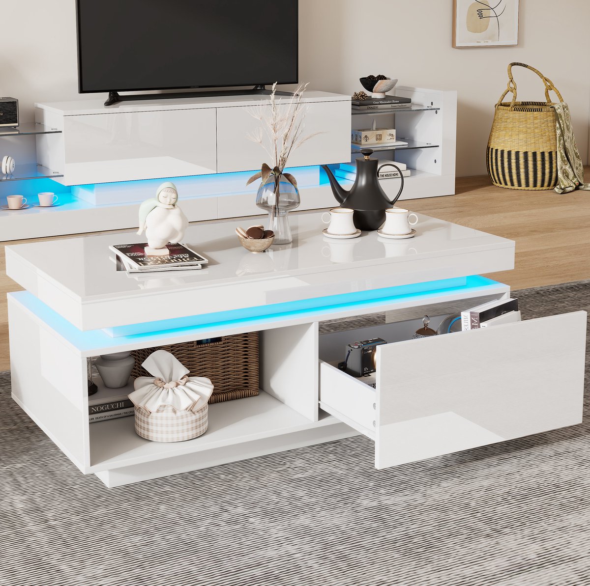 COVREO TV meubel set 181 cm - wit spaanplaat, LED verlichting