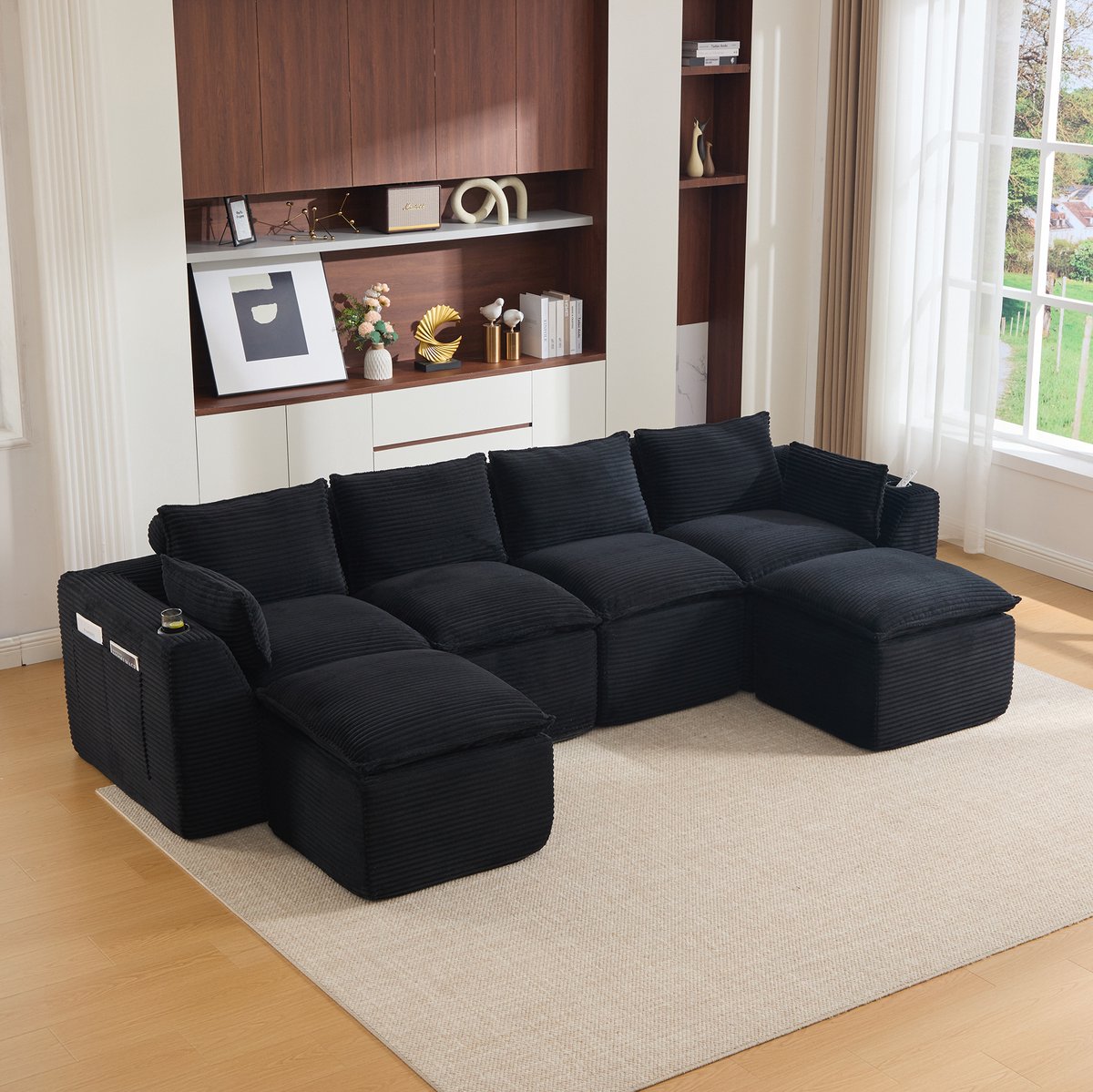 REDOM- Modulaire 4-zits bank - Corduroy bekleding - Met 2 voetenbanken - Met kussens - Met bekerhouder - Met zijvakken - Woonkamer - Zwart - 322 x 161 x 75 cm