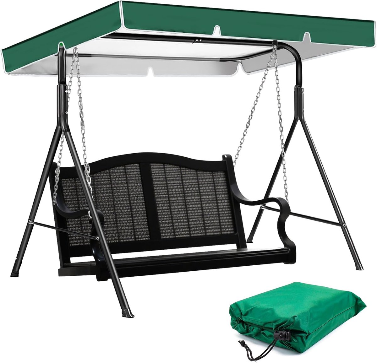 SnelShoppen - Schommelbank Vervangend Dak 210 x 145 cm, Waterdicht 420D Oxford-doek, UV-bescherming, 3-zits, Zwart/Groen voor Tuin, Camping en Feest