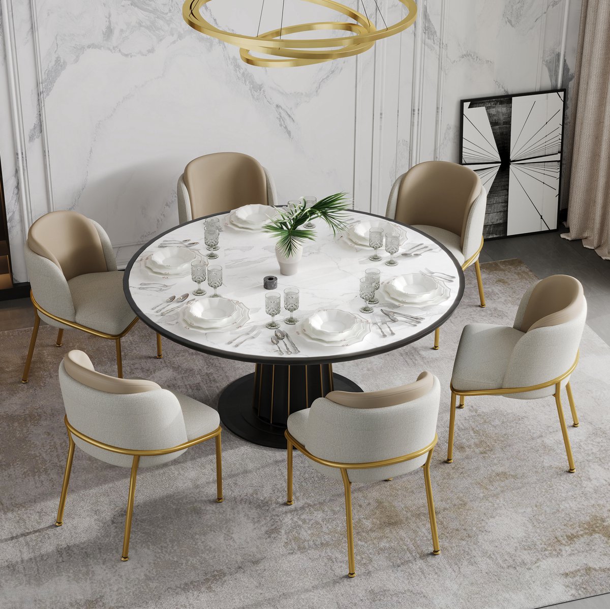 MEUNIQ Eetkamerstoel set van 6 beige met armleuning, PVC-kunstleer zitting, metalen schuine poten en verstelbare voeten, 55 x 55 x 85 cm
