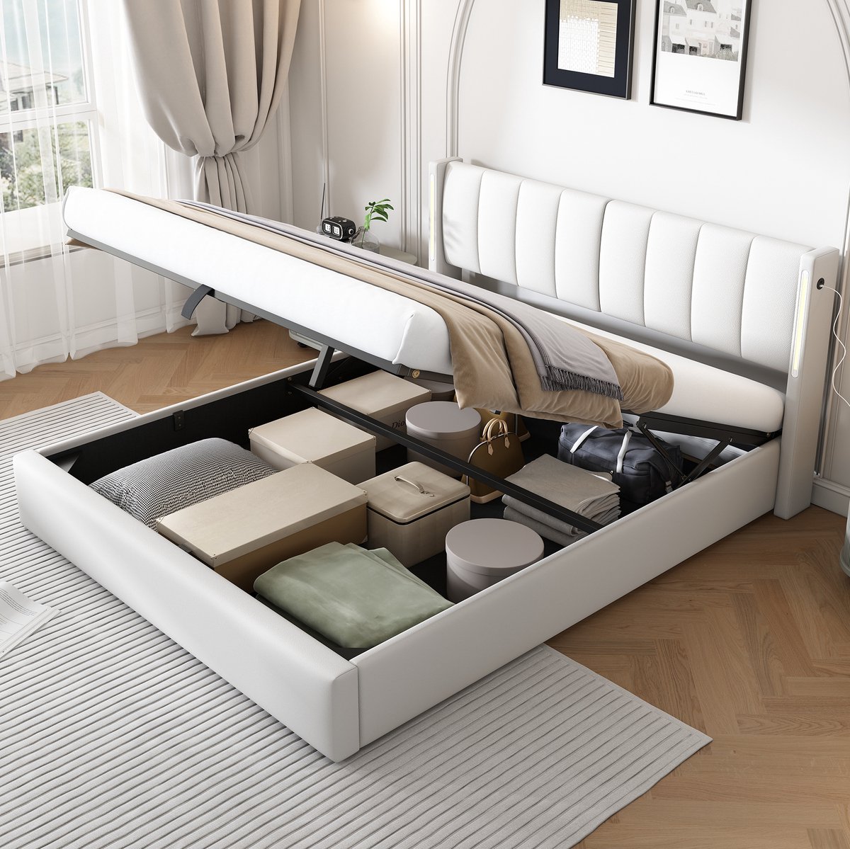 COVREO Bedframe 160x200 cm 207 x 160 cm wit kunstleer LED zonder matras