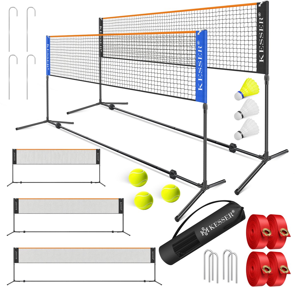 KESSER® badmintonnet, tennisnet - 400 cm - Badmintonnet 3-voudig in hoogte verstelbaar, set bestaande uit net, 3x shuttles, stevig ijzeren frame, transporttas, binnen & buiten