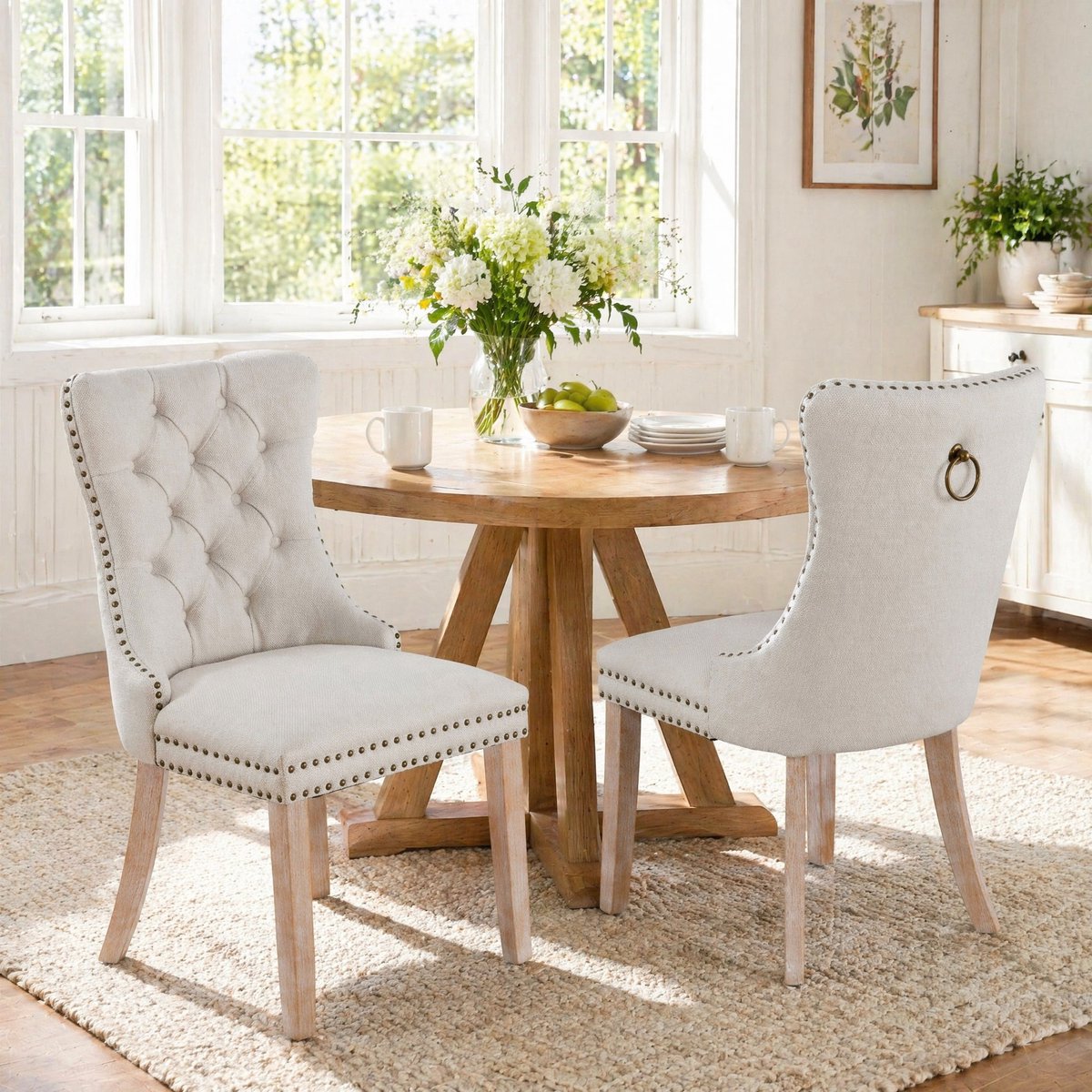 MEUNIQ eetkamerstoel set van 2 beige met hoge rugleuning, gestoffeerde linnen zitting, houten poten en knop- en rivetdetails voor de eetkamer