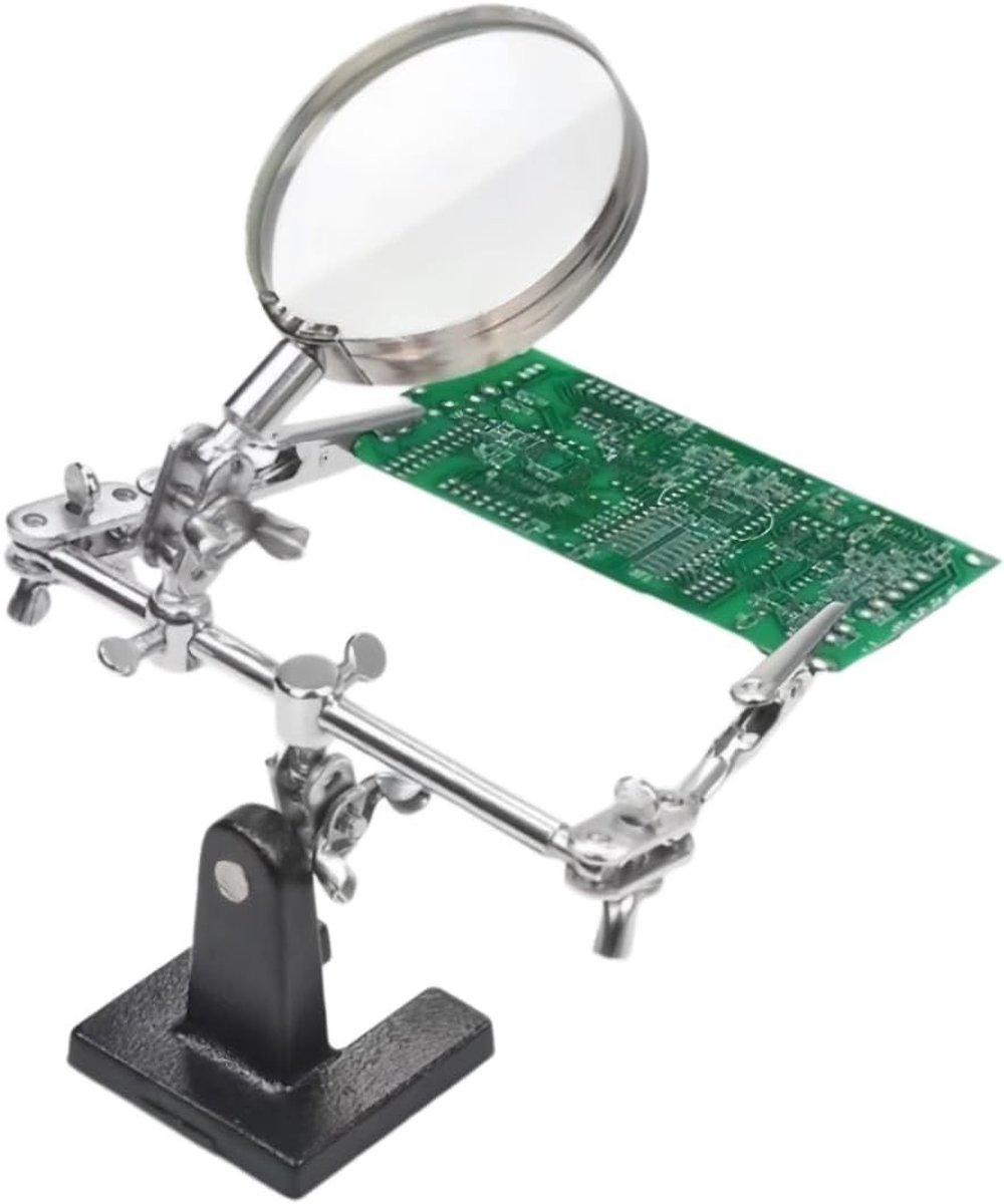 Derde hand soldeerklem met vergrootglas, 5-voudige vergroting, flexibele armen en gietijzeren voet voor elektronica-reparatie, modelbouw en sieraden maken