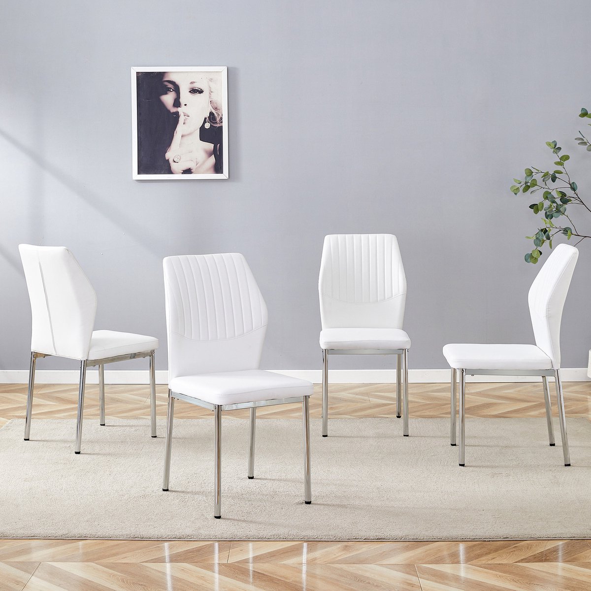 MEUNIQ 4-delige eetkamerstoelen set, wit PU met zilveren metalen poten, hoge rugleuning en gewatteerde zitting voor eetkamer en woonkamer White