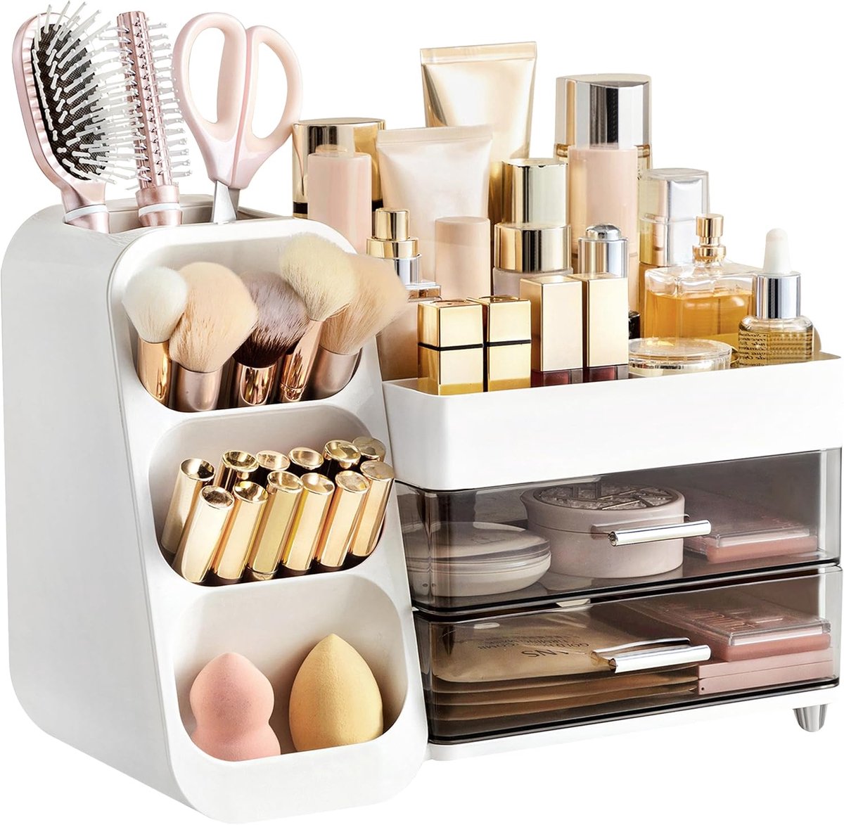 SnelShoppen - Makeup Organizer met Lades - 3 in 1 Plastic Cosmetica Opbergdoos - Grote Opbergruimte - Wit Grijs Minimalistisch - Voor Make-up, Borstel