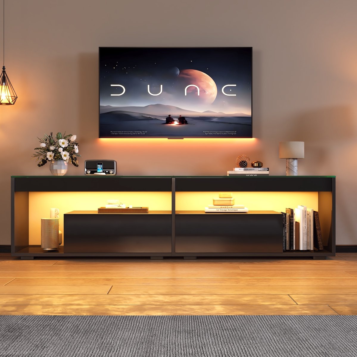 COVREO TV-meubel 180x40x46 cm zwart – hoogglans met LED-verlichting en 2 lades