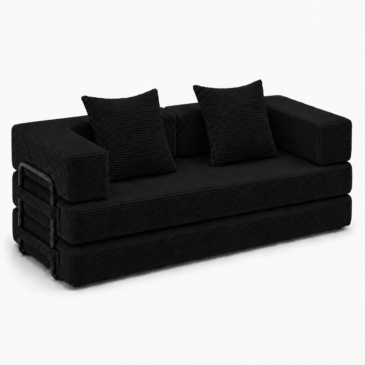 OKWISH Slaapbank 185 x 92,5 x 60 cm - Opvouwbare 2-Zits Vloerbank Met Slaapfunctie En Kussens - Voor Woonkamer Of Slaapkamer - Corduroy - Zwart