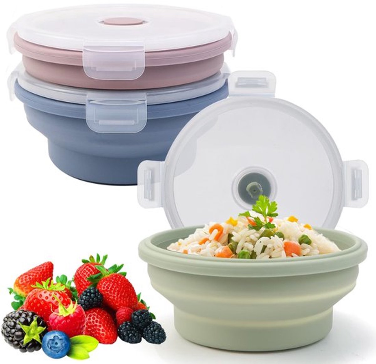 Broodtrommel 3 stuks - Opvouwbare Vershouddozen - Siliconen met Deksel - Luchtdicht - 550 ml per Doos - Perfect voor Kleine Keukens - Lunchbox