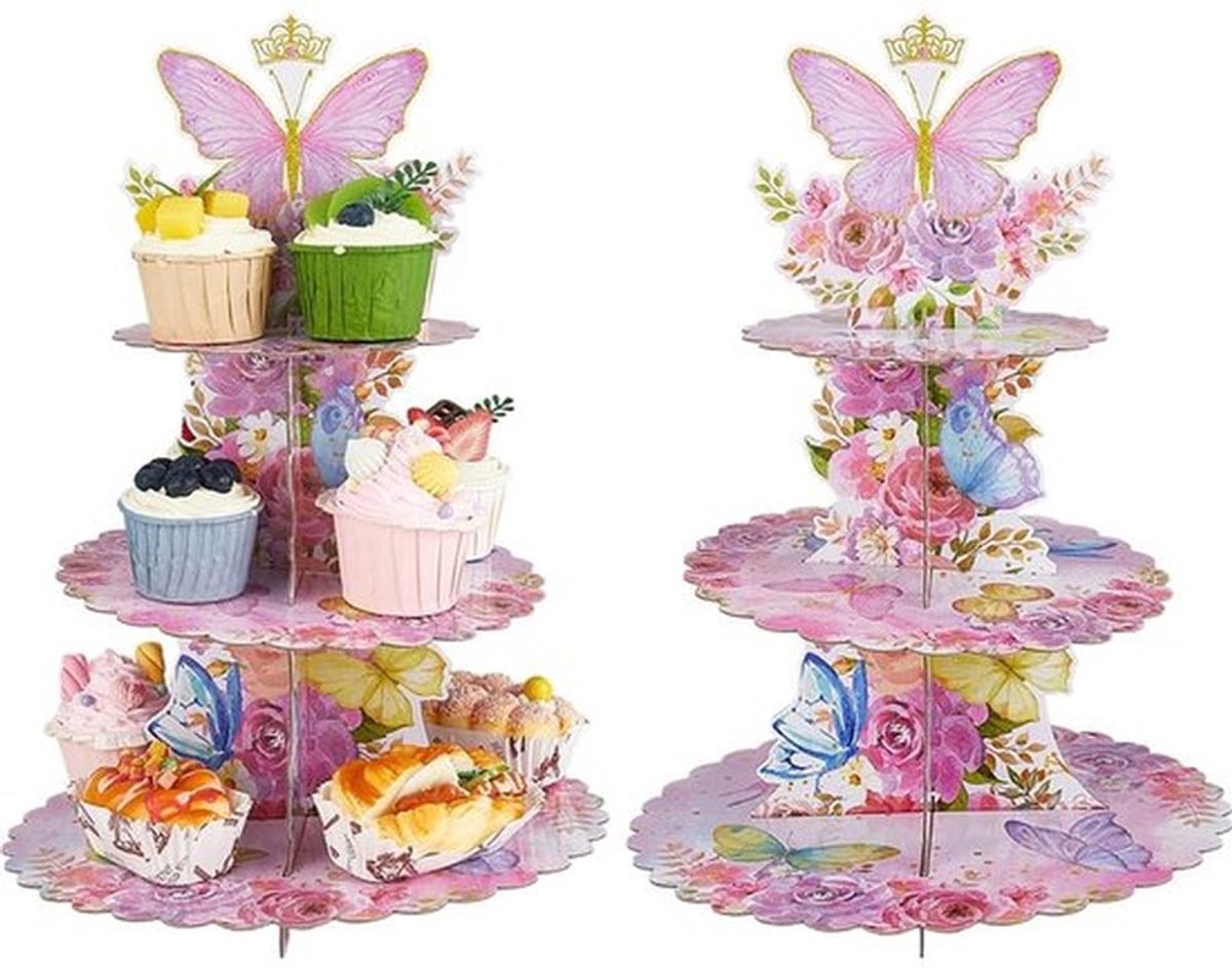 Cupcake Standaard 3-traps - Vlinder Design - Karton - 405 mm Hoog - 287 mm Diameter - Feestbenodigdheden - Romantisch Thema - Taartstandaard
