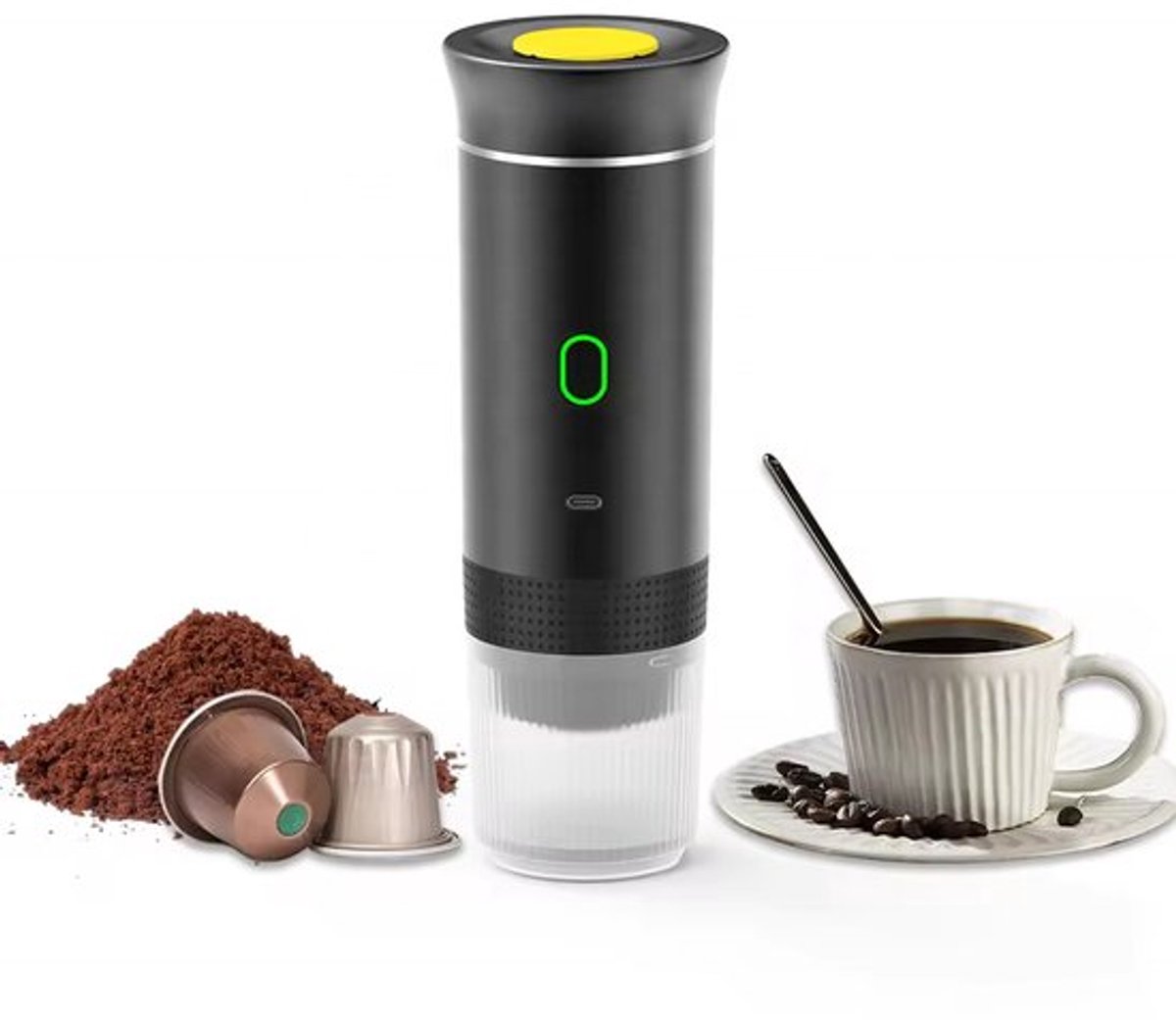 Draadloze, draagbare elektrische koffiemaker met USB-C-poort, zelfverwarmend, oplaadbaar, geschikt voor reizen, kamperen, campers, thuis, kantoor, enz. (Zwart)