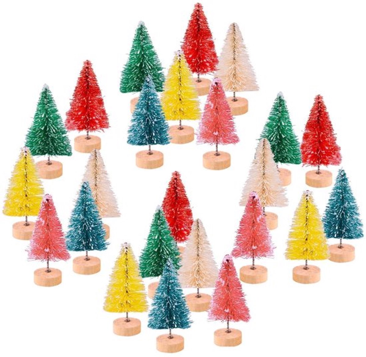 Mini Kerstbomen 24 Stuks - Veelkleurige Flessenborstelbomen - Sneeuw Mat Bomen - Houten Sokkel - Winterdecoratie - 4,5 cm Hoog - Miniatuur Bomen