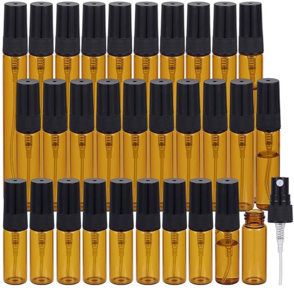 Spuitfles 30 stuks - Mini Amberkleurige Glazen - 3/5/10 ml - Draagbare Reisfles - Fijne Nevel - Perfect voor Cosmetica - Verstuiver