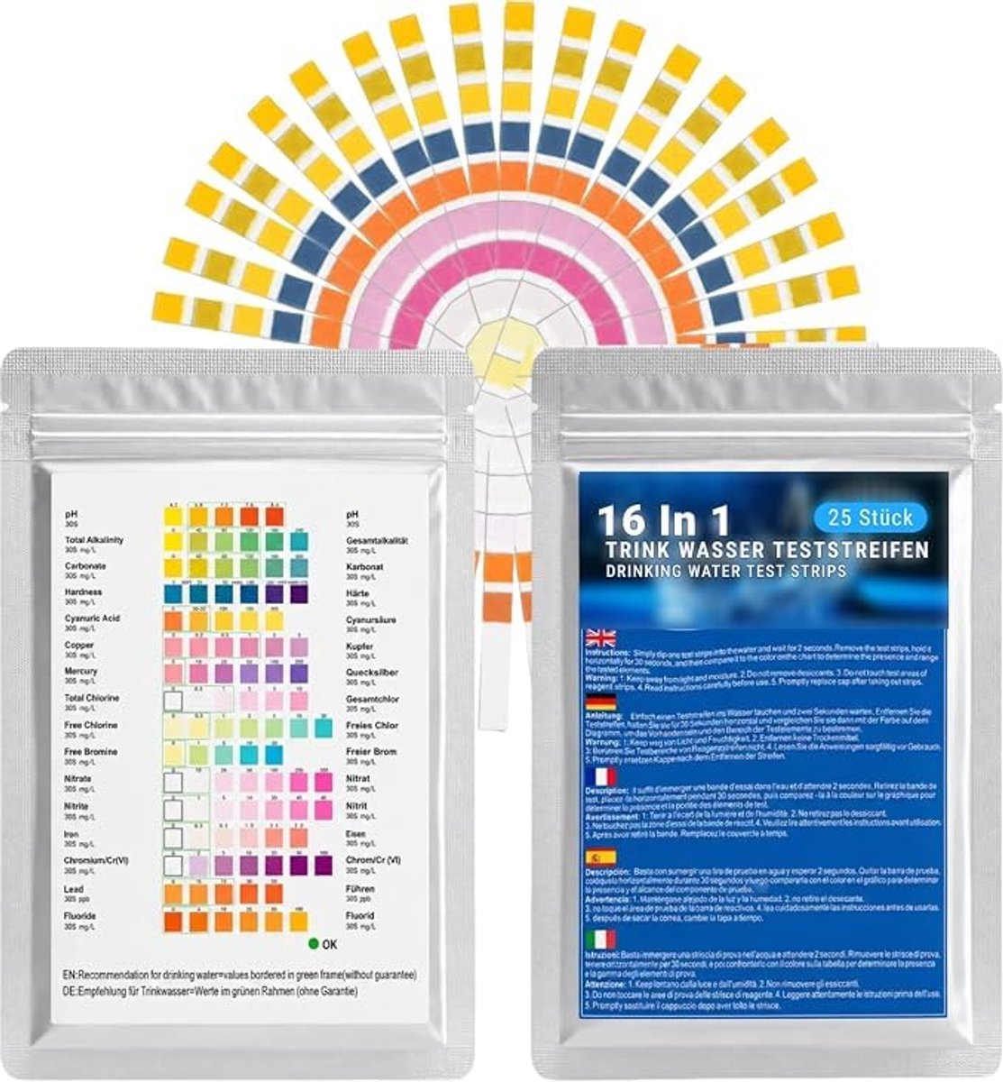SnelShoppen - 25-pack 16-in-1 Aquariumteststrips - pH, Nitrieten, Nitraten, GH, KH, Chloor, Koper, IJzer - Testkit voor Zoet- en Zoutwateraquaria - Co