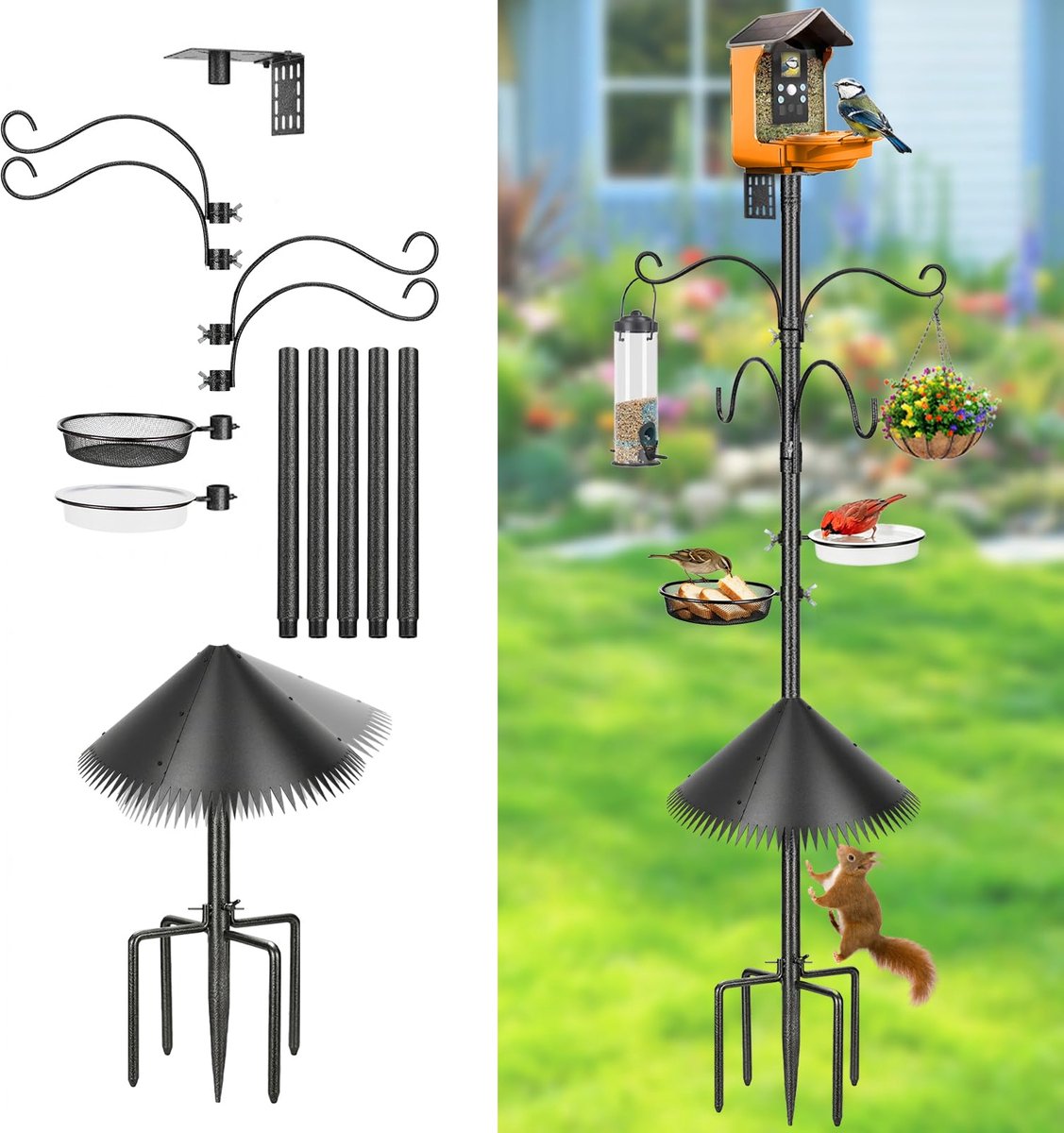 SnelShoppen - Vogelvoederhuisje voor buiten 230 cm hoog met 5-puntige standaard, eekhoornbescherming, voederschaal, waterbak en decoratieve haken voor