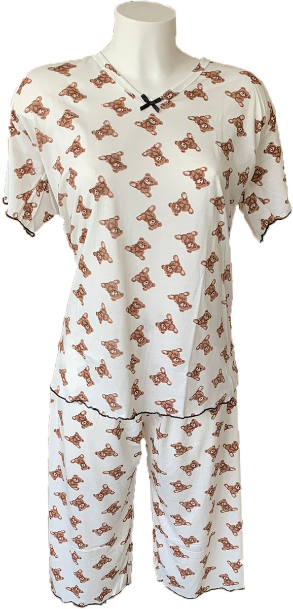 Dames Pyjamaset met Beertjes Patronen - Korte Mouwen Shirt en Driekwart Broek 76 cm - 95% Katoen en 5% Lycra/Elastaan - Kleur Crème - Maat XXL