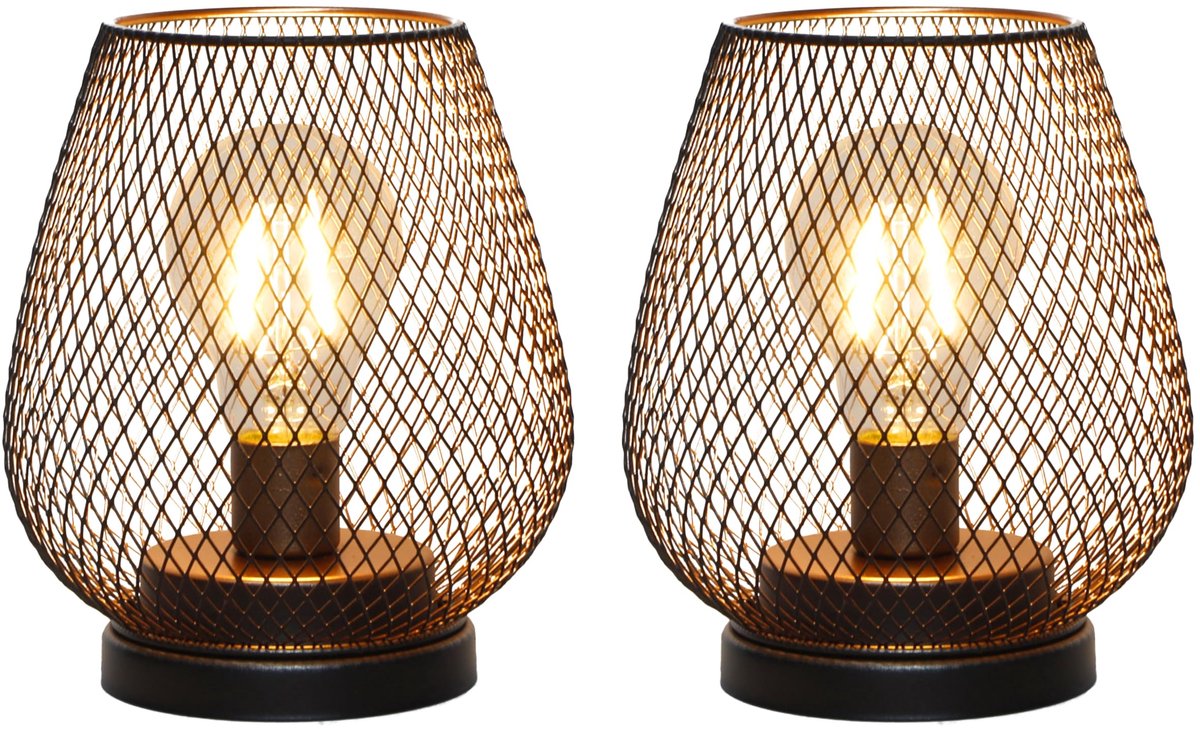 SnelShoppen - Set van 2 Buiten Vintage Decoratieve Draadloze Tafel Lampen, Metaal Kooi Lantaarns met LED Gloeilamp voor Bruiloften, Feesten, Patio, Tu