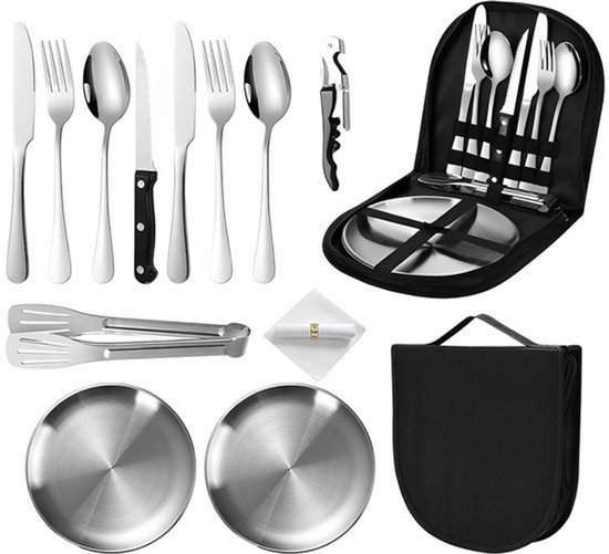 2-Persoons Picknick En Camping Servies Set - Voedselveilig RVS Materiaal - Compacte Opbergtas - Lichtgewicht En Roestbestendig - Complete Borden, Kommen En Bestek - Voor Picknick, Kamperen En Stranduitjes — afbeelding 2