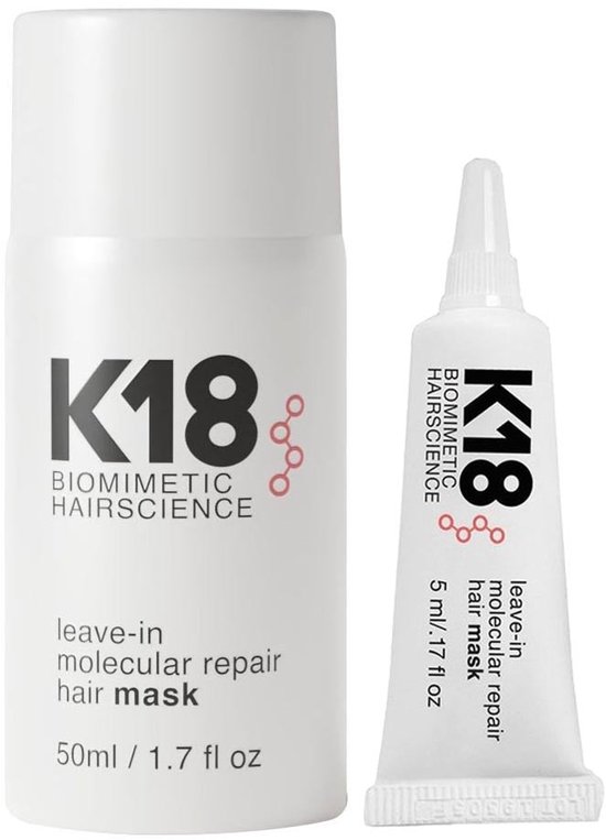 K18 Biomimetic Hairscience leave-in molecular repair haarmasker set, 50ml en 5ml.