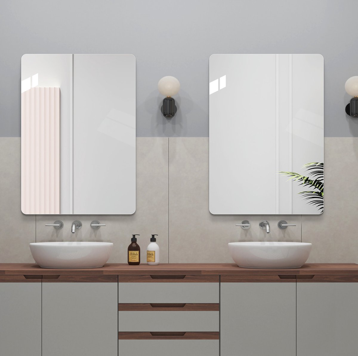 REDOM - Badkamerspiegel - Wandspiegel zonder lijst met afgeronde hoeken - Horizontaal en verticaal ophangbaar - Moderne stijl - Badkamer - Glas - Zilver - 70 x 50 cm