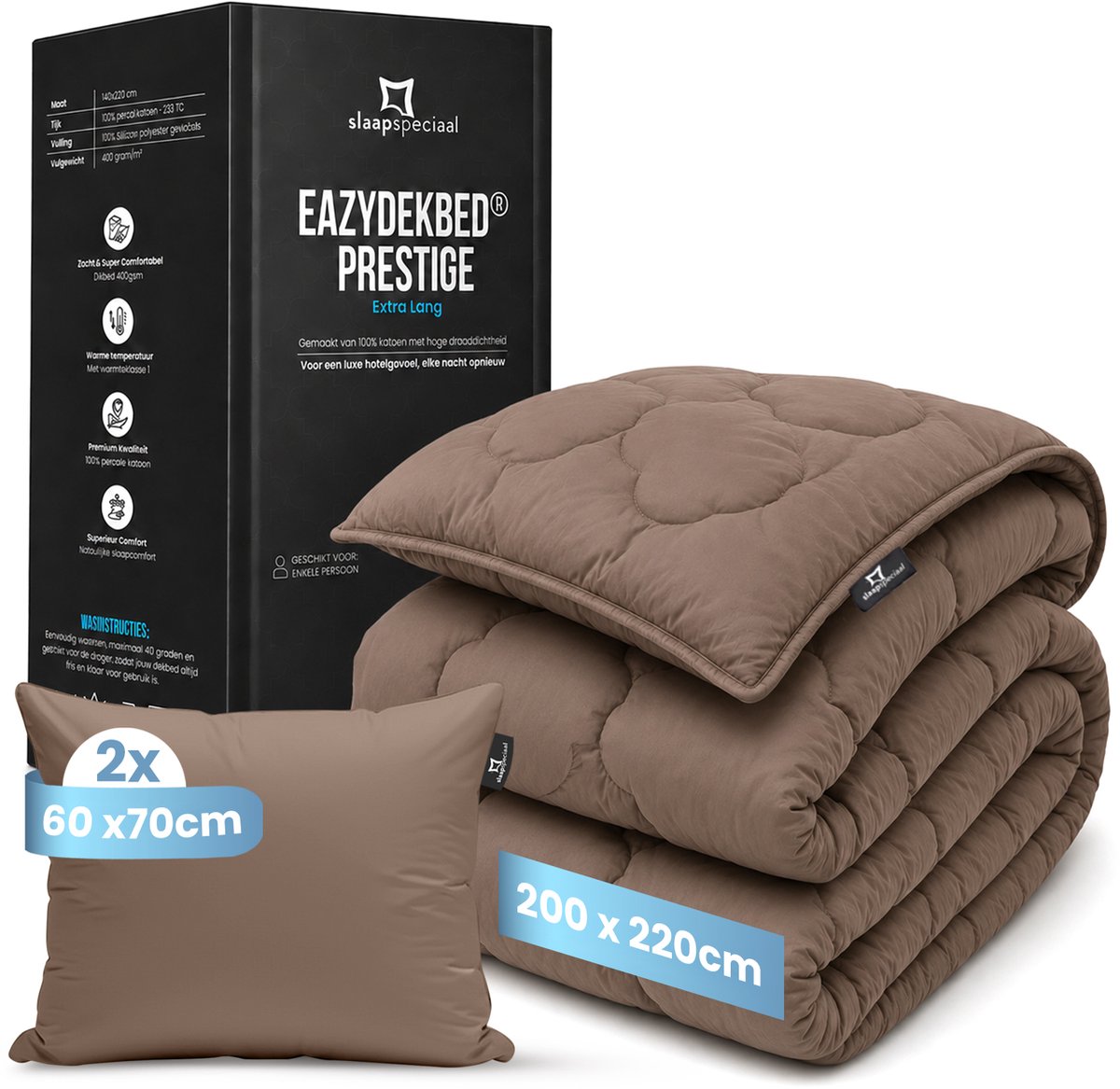 Slaapspeciaal eazydekbed Hotel Prestige - Bruin - 200x220 cm - Wasbaar Dekbed zonder Overtrek - 100% Katoen - Warmteklasse 1 - 400 g/m² - Extra Lang - Inclusief Kussenslopen - Tweepersoons Dekbed