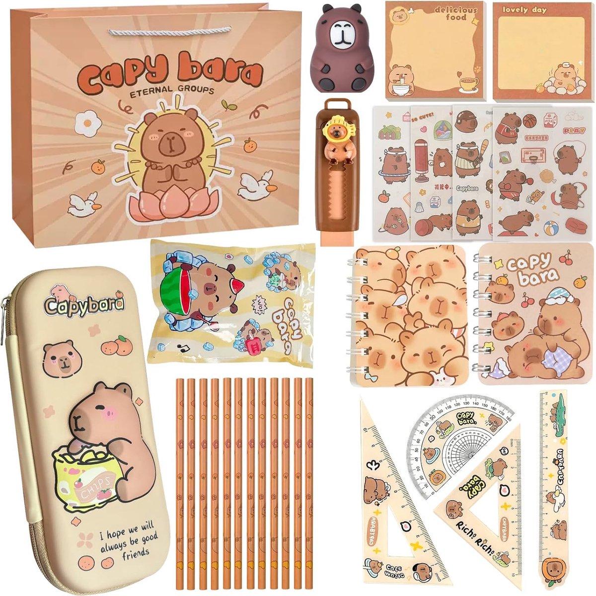 SnelShoppen - 29-delige Capybara Pennenhouder Set | Inclusief 12 Capybara Potloden, Verrassingszak, EVA Etui, Capybara Kantoorbenodigdheden voor Kinde