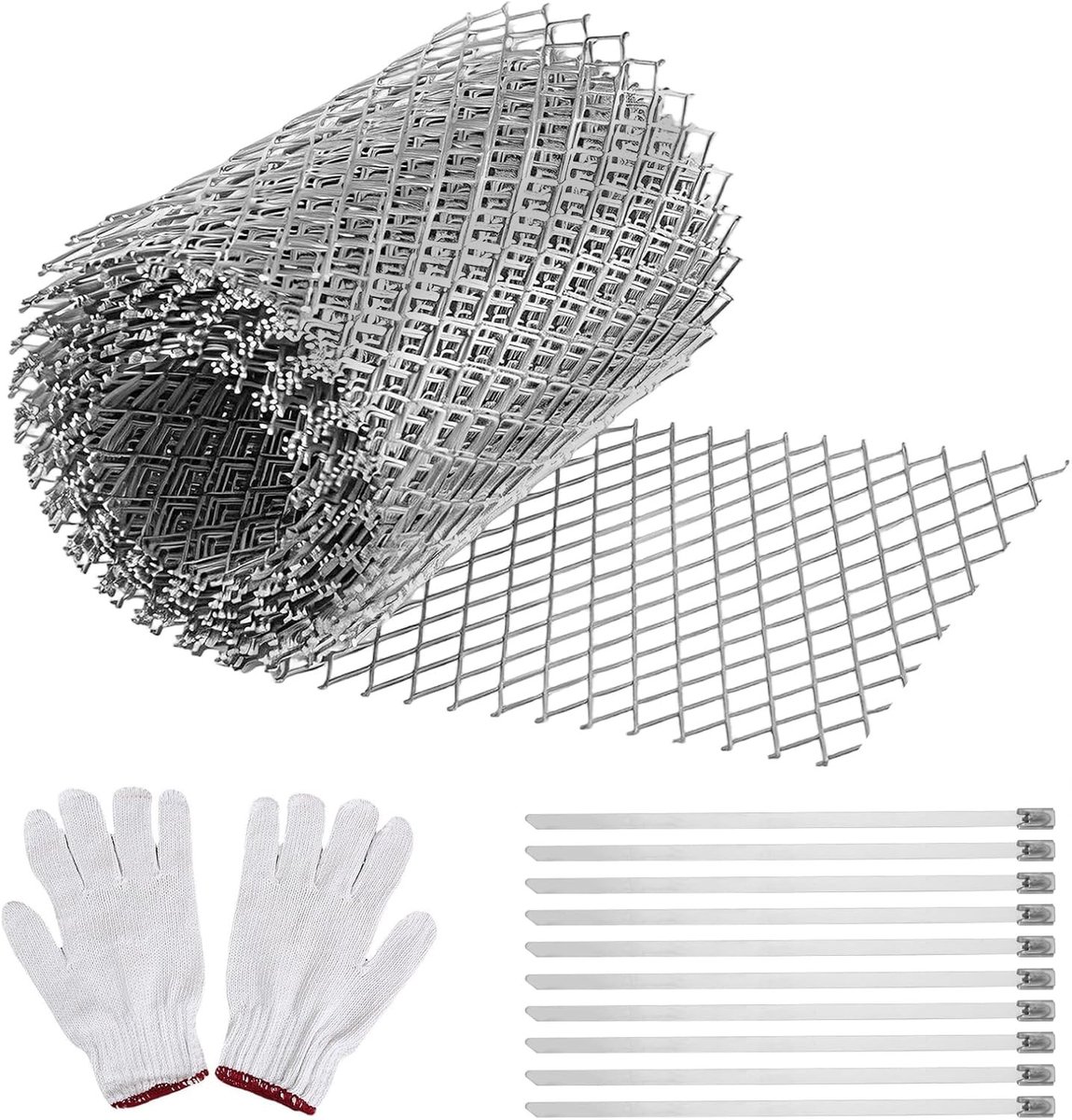 Bladbescherming voor dakgoten, 15 x 610 cm, roestvrij staal, met klemmen en handschoenen, effectieve regengootbescherming voor huizen, carports en stallen