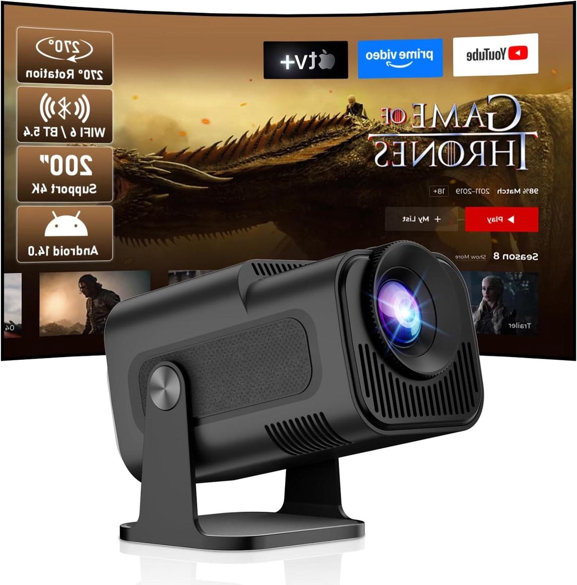 Mini Projector - Draagbare Beamer - Home Cinema - Android 11 Systeem - 1080p Ondersteuning - Zwart