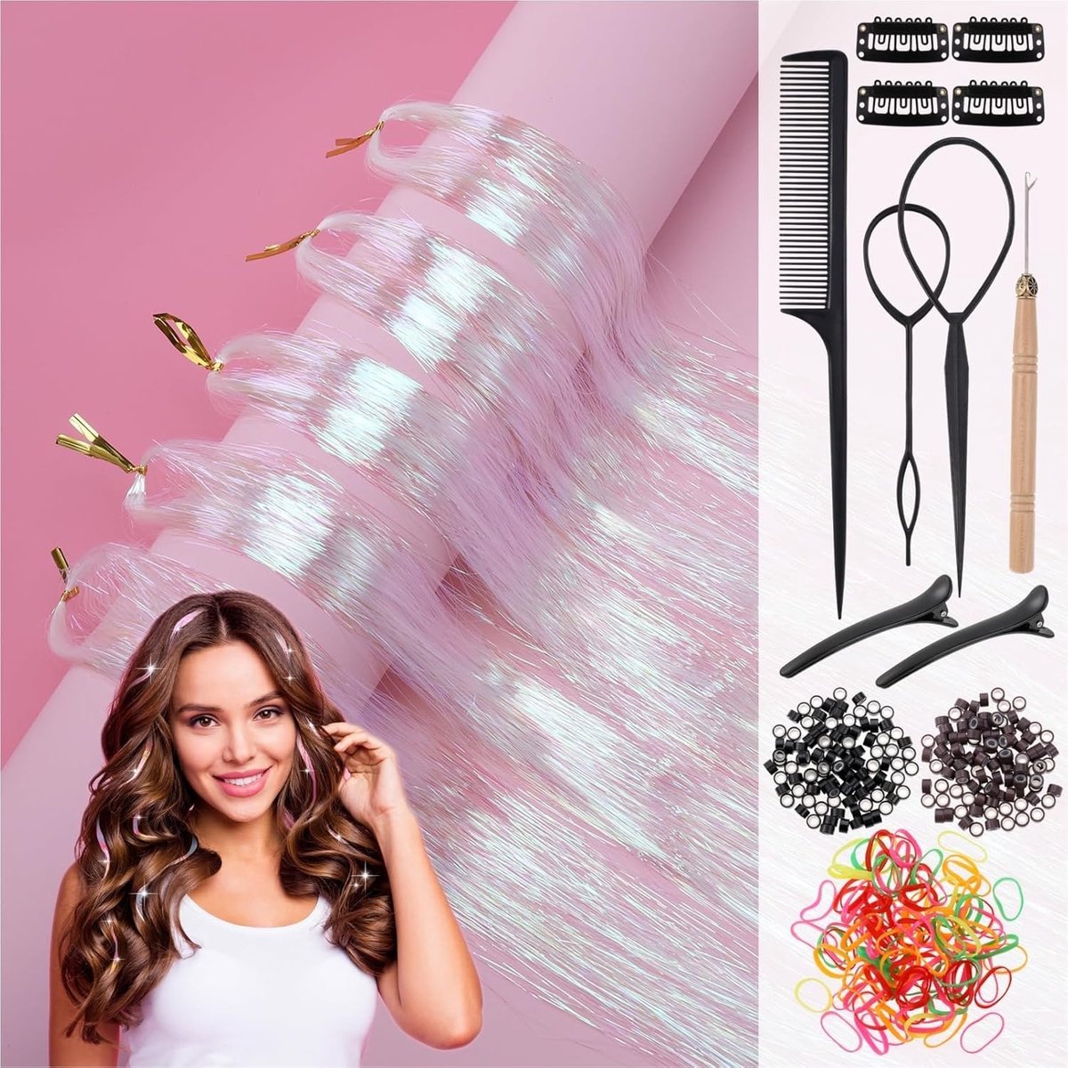 Haar Tinsel Set met 1100 Strengen Glitter Strips van 110 cm voor Feest, Cosplay en Kleurige Haarstijlen
