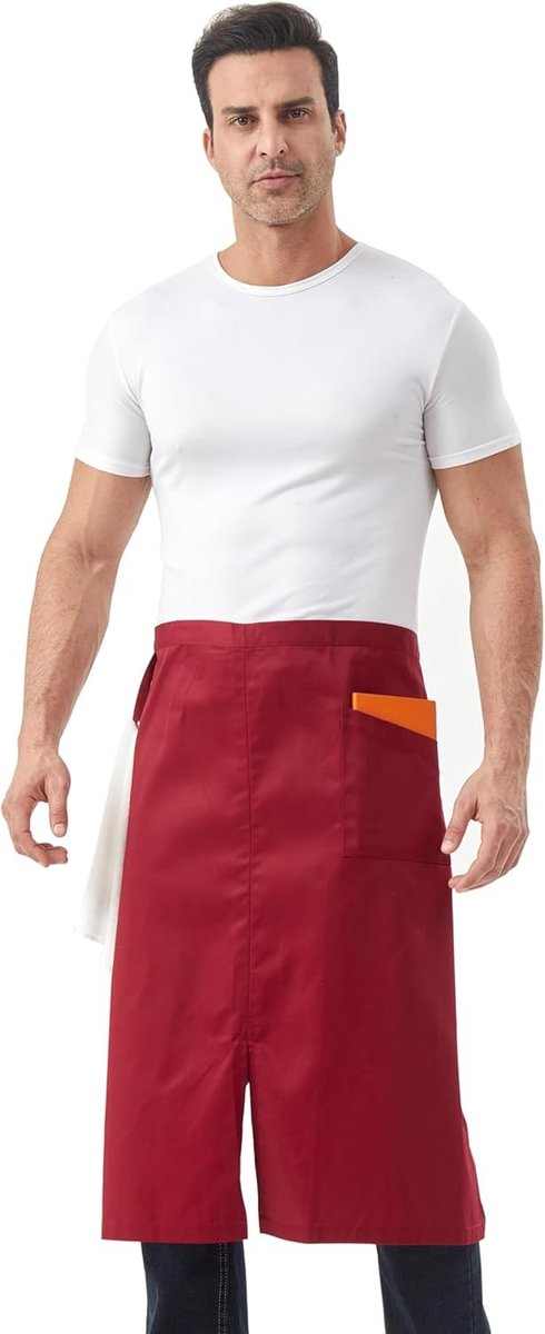 Kookschort met tailleband voor mannen en vrouwen, halfschort met splitbenen en zak voor koks en serveerders