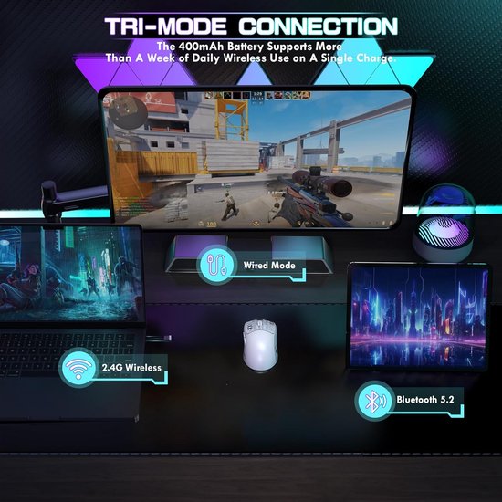 Draadloze Gamingmuis - Lichtgewicht Muis - Gaming Prestaties - Tri-Mode Connectiviteit - 53g Ultralicht - Wit — afbeelding 3
