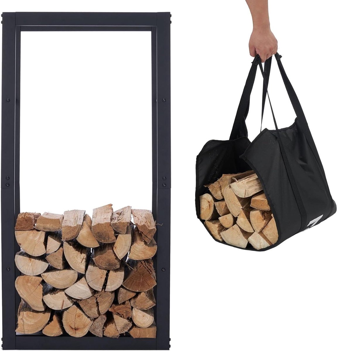 Houtopslag Rek - Houtmand - Binnen en buiten - Inclusief draagtas - 50x25x100cm - Zwart