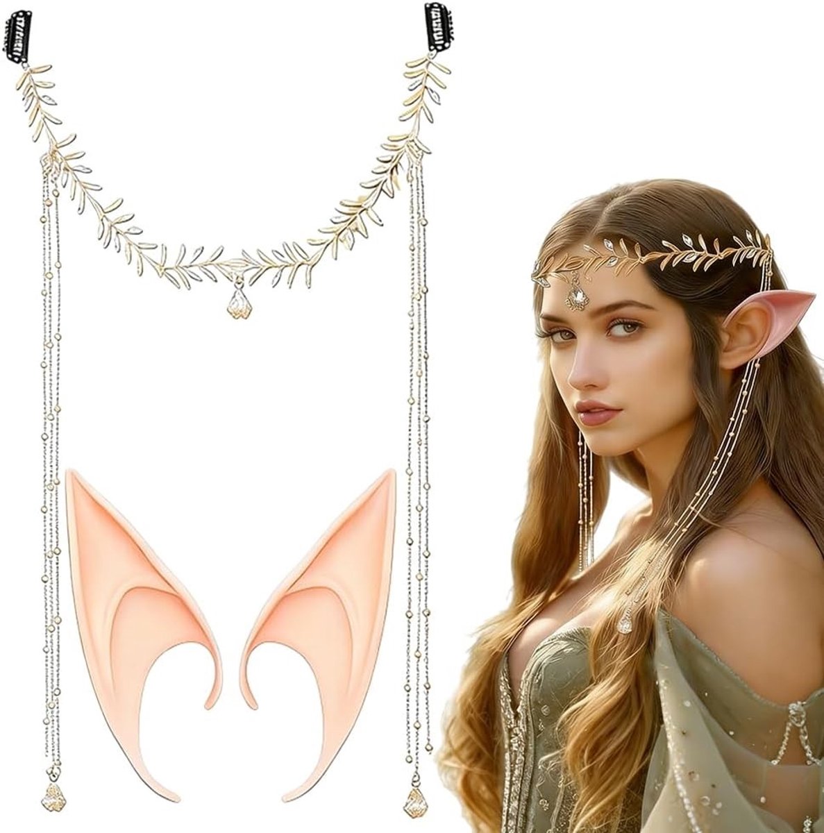 Witte elfen hoofdtooi met instelbare elfenoren en bladeren voor cosplay, bruiloften en feestelijke gelegenheden