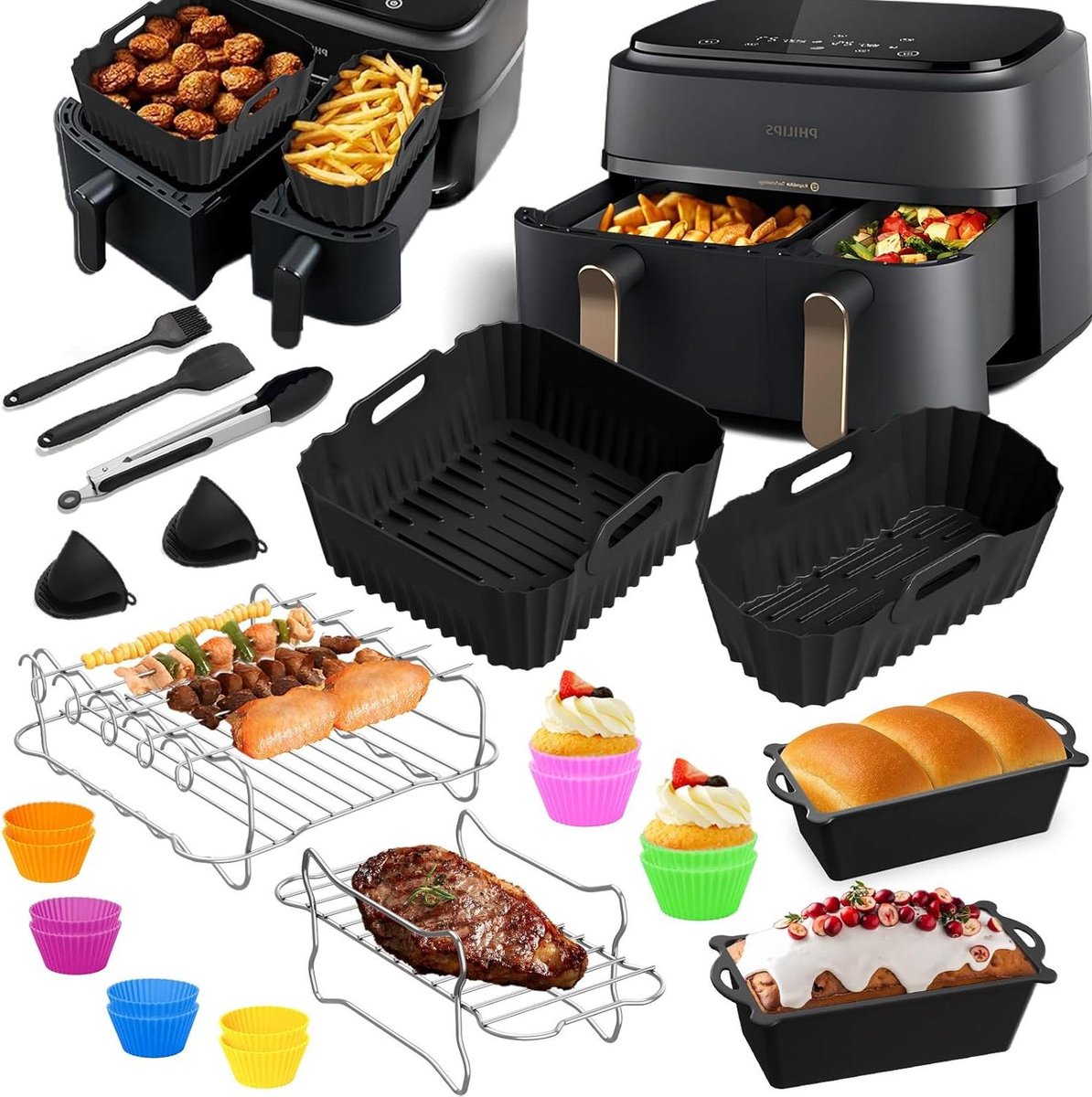 Airfryer Accessoires Set Bakvormen en Racks Veelzijdig Koken 23 Delig 9L Compatibel Zwart