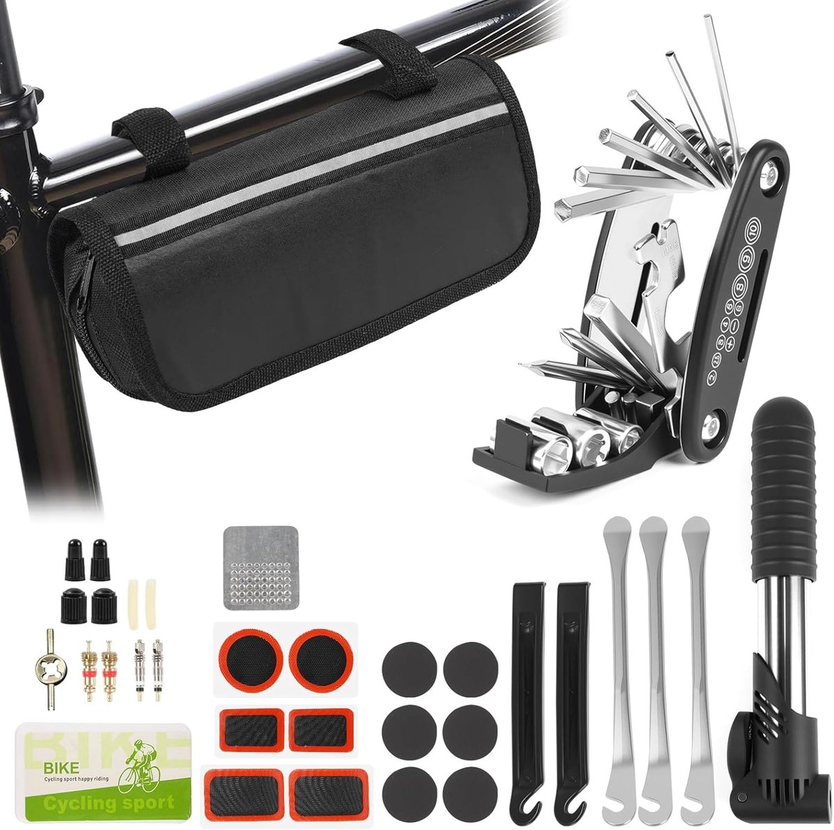 SnelShoppen - Fietsreparatieset 16-in-1 Multifunctioneel Gereedschap met Waterdicht Deksel, Mini-Pomp, 12 Bandenpatches, Praktische Opslag, Fietsacces