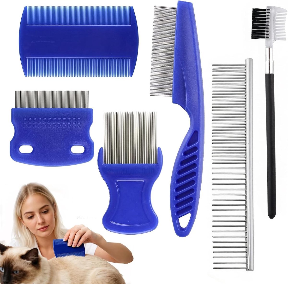 Professionele 7-delige Vlooien- en Luizen Kamset voor Hond en Kat met Afgeronde Tanden en Dubbelzijdige Dematting Tool voor Huisdieren