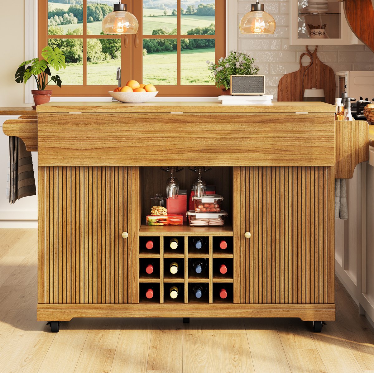 DESMIU Bijzettafel - Opklapbare Serveerwagen Met Opbergruimte En Wijnflessenhouder - Voor Keuken En Eethoek - MDF En Metaal - 142,5x80x95 Cm - Donkerbruin