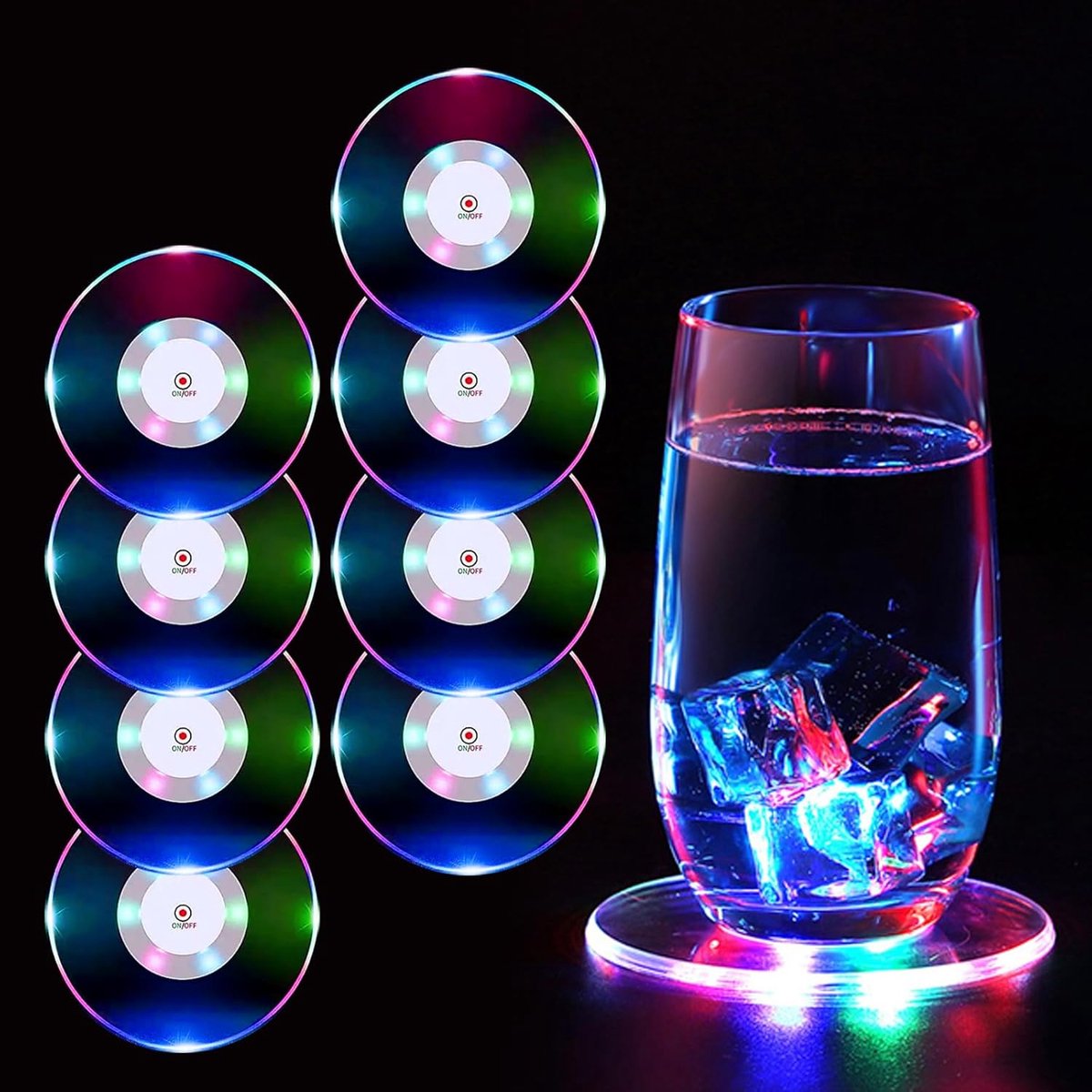 SnelShoppen - Set van 8 Kleurige LED Drinkonderzetters, Waterdichte Acryl Ronde Coasters met Aan/Uit Knop en 3 Verlichtingsstanden voor Feesten, Bruil