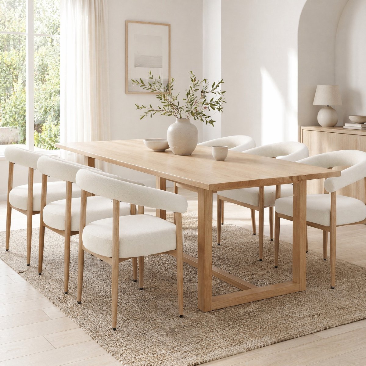 MEUNIQ 6-delige eetkamerstoelenset 48,5 x 40,5 x 78 cm met witte stoffen zitting, gebogen rugleuning, metalen onderstel met houtlook, 150 kg draagvermogen White